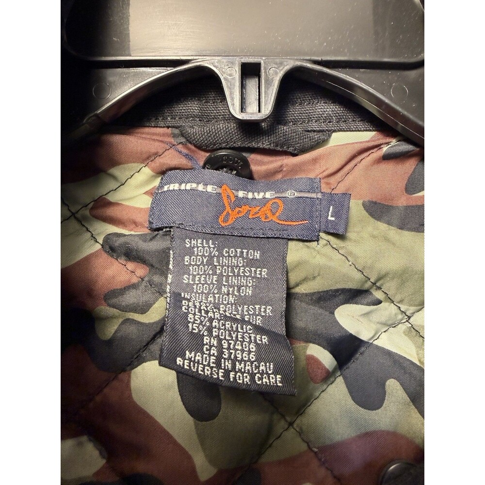 1990's Triple Five Soul Vintage Black Denim Long Jacket with Camo Lining Large - Picture 4 of 9